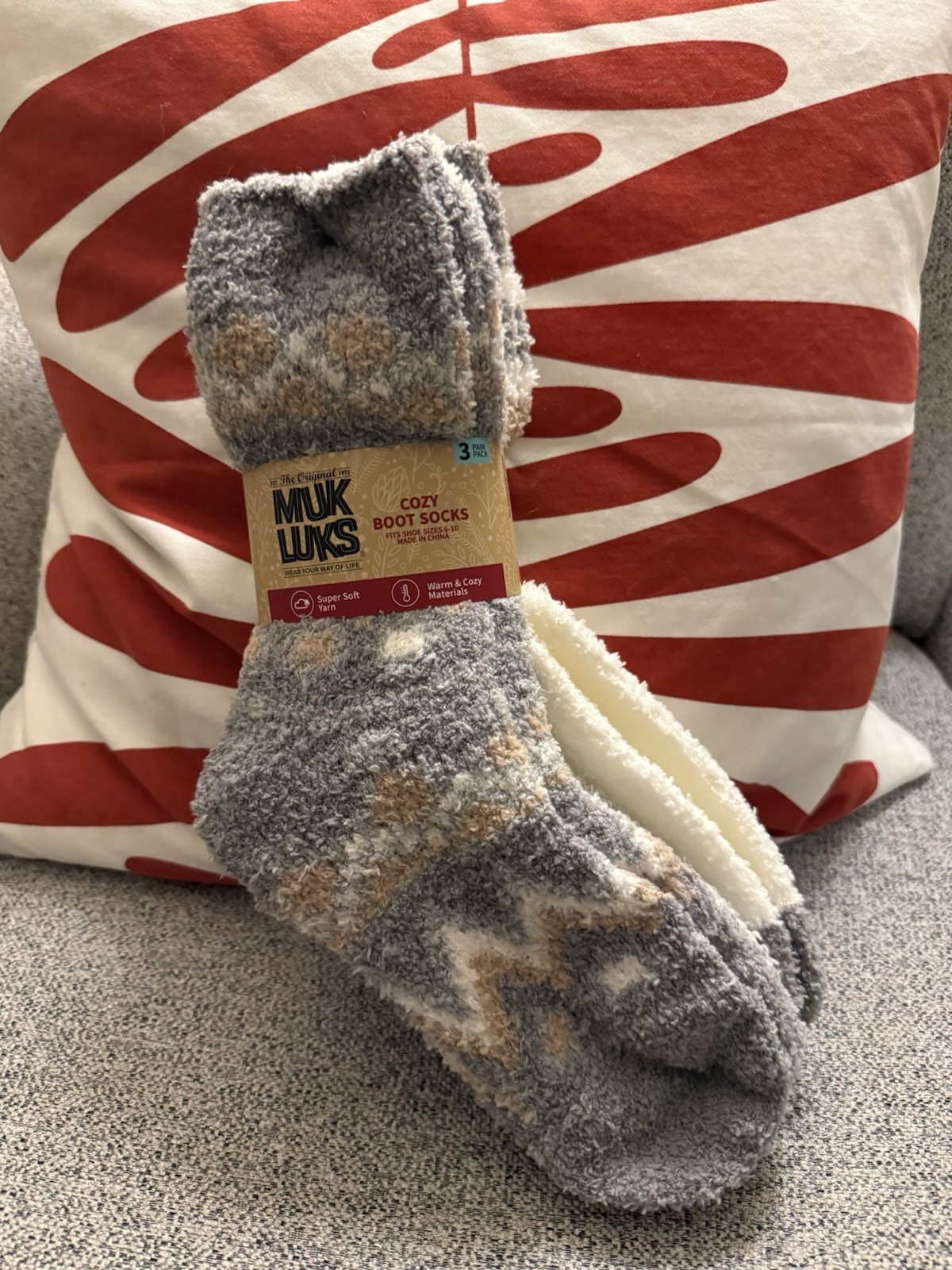 Muk Luks Super Cozy Boot Socks Super Soft Yarn White & Gray 3 Pair Size 6-10
