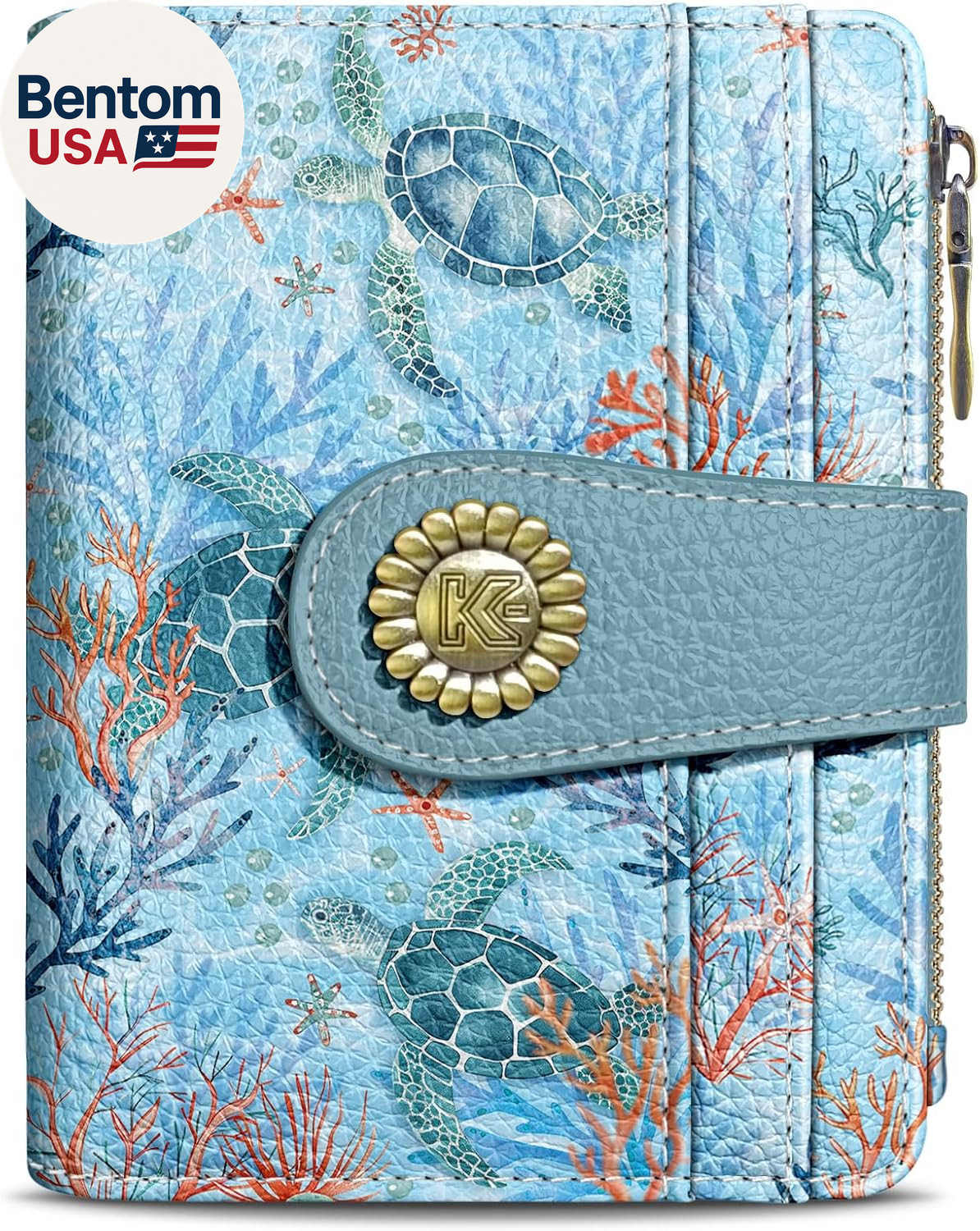 Sea Turtle Small Rfid Women Wallet Bifold Zipper Coin Pocket PU Leather Compact
