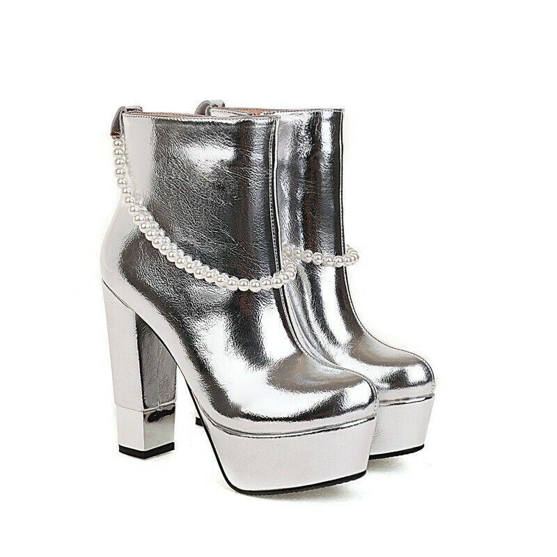 Women High Heel Platform Beads Ankle Boot Shoes Wedding Pumps Mary Janes Fashion