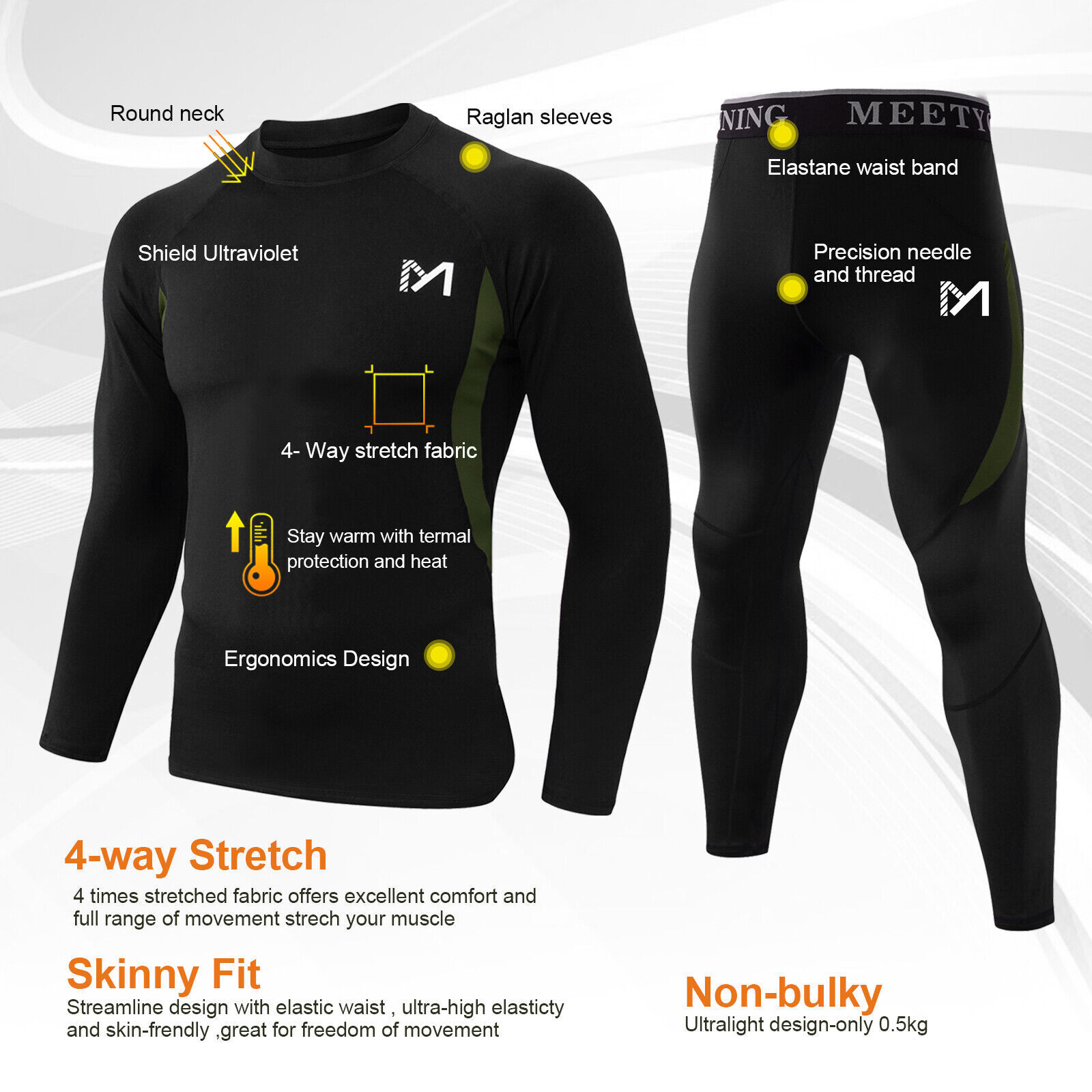 Mens Sport Thermal Underwear Set Long Sleeve Thermals T Shirt + Long Johns