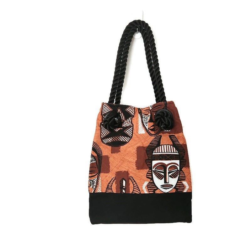 Women’s Brown Black Canvas Tribal Ethnic Pattern Tote