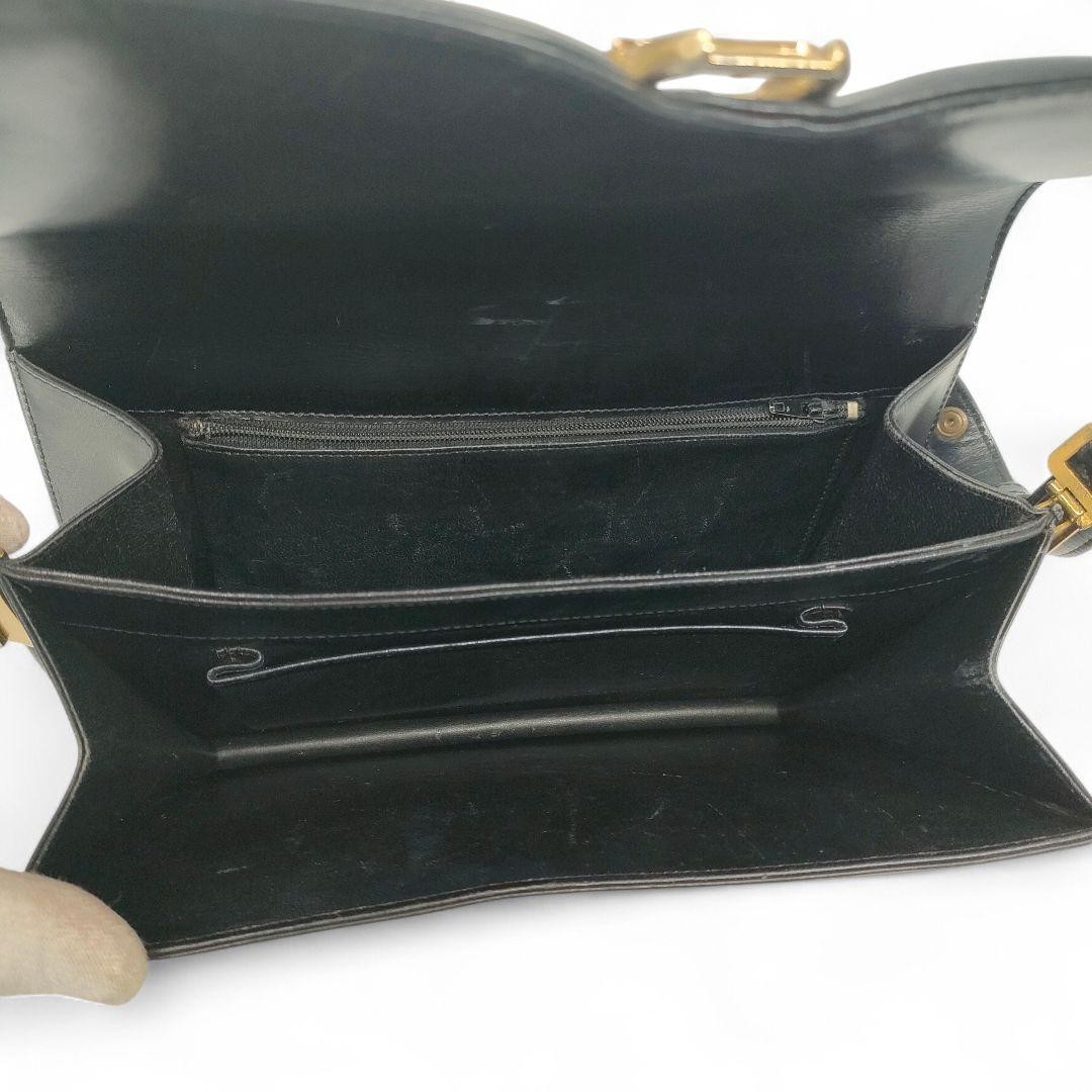 CELINE Black Leather Horse Carriage Shoulder Bag Gold Hardware Auth