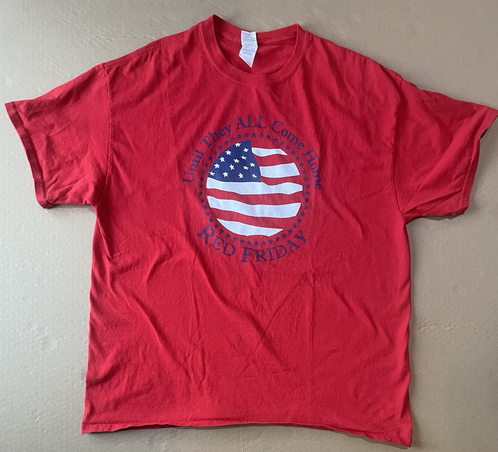 Gildan Men’s Tshirt XL Red “Until They All Come Home Red Friday” Blue Stars Flag