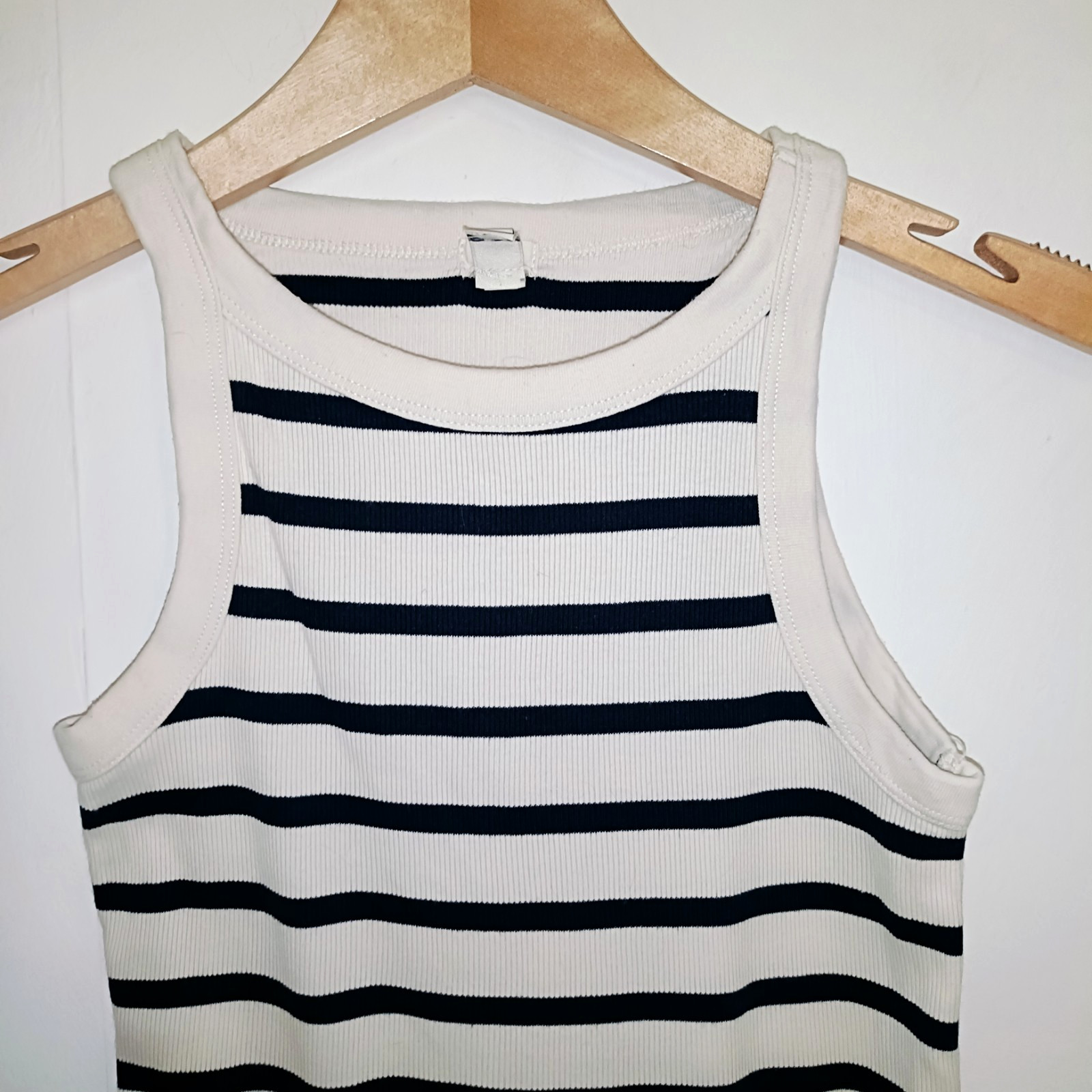 In Other Words Womens Top White Size UK 6 Striped Tank 100% Cotton Ribbed Black