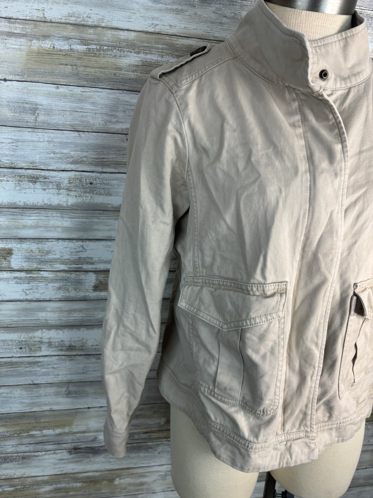 Talbots Refined Twill Utility Jacket Beige Petite M Military Safari Style Cotton