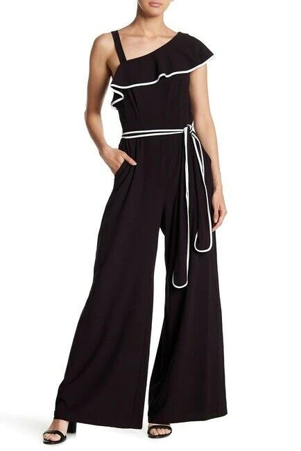 Gabby Skye One Shoulder Ruffle Gaucho Jumpsuit Black & Ivory Size 10 $150