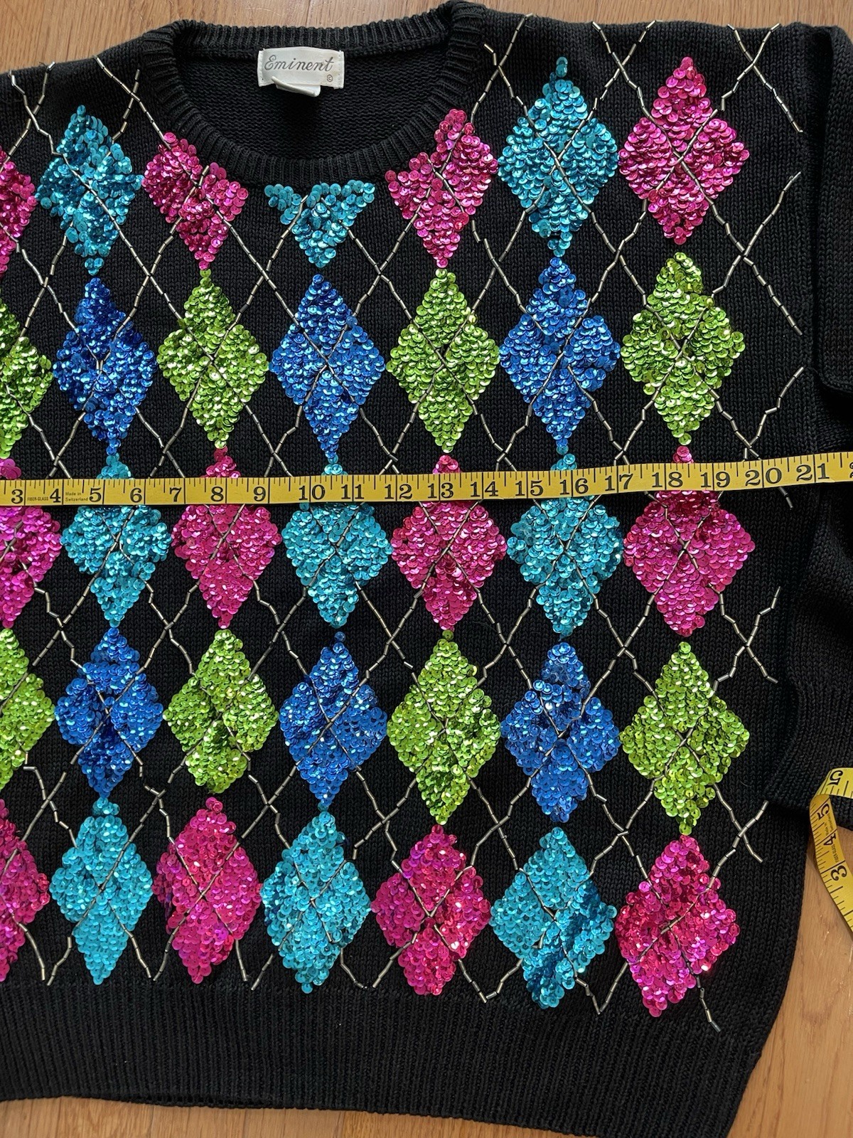 Eminent 1980s Colorful Argyle Sequined Ladies Sweater Size Medium Cotton Blend
