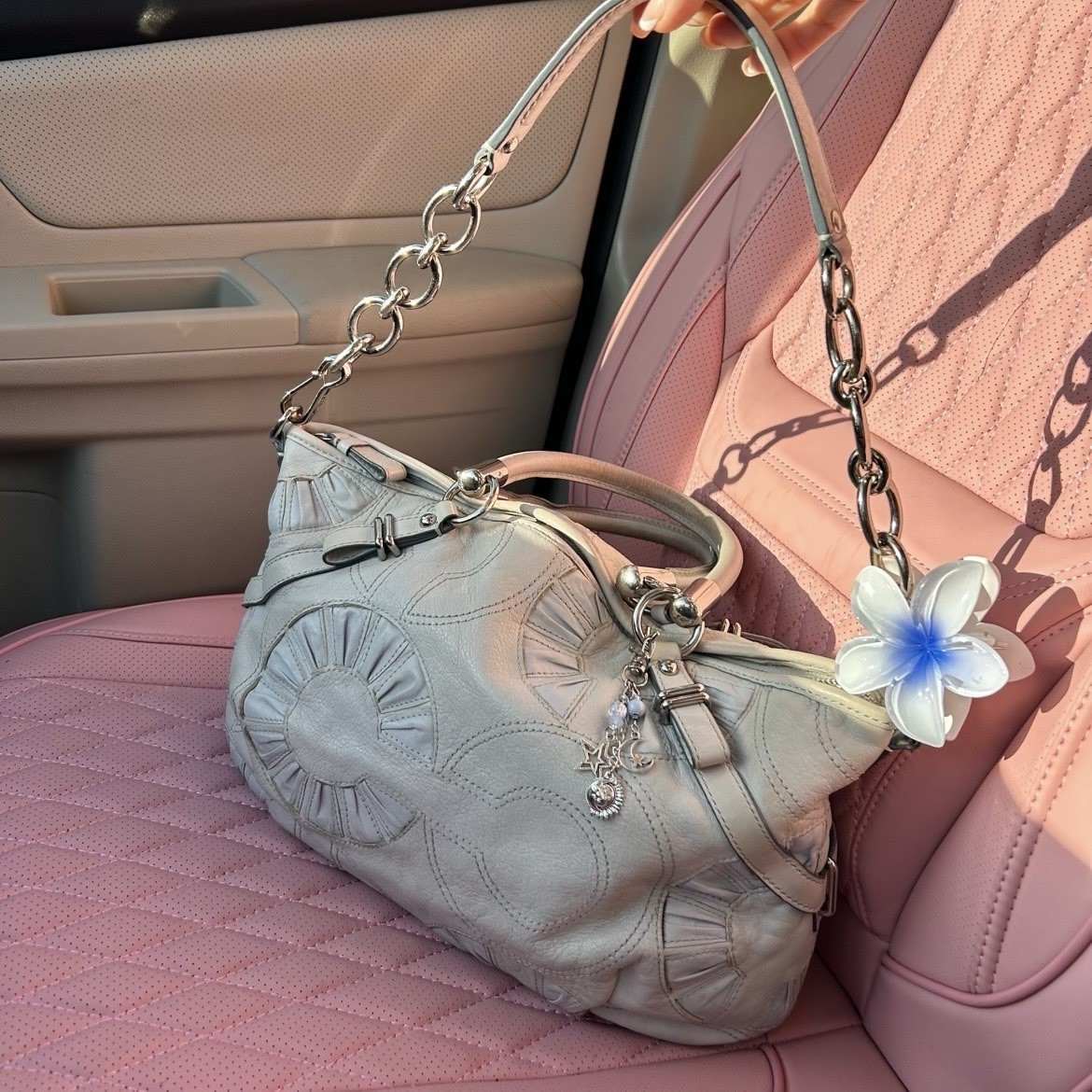 Coach Madison Sophia Leather Pleated C Hand Shoulder Bag Purse Chain Strap Grey