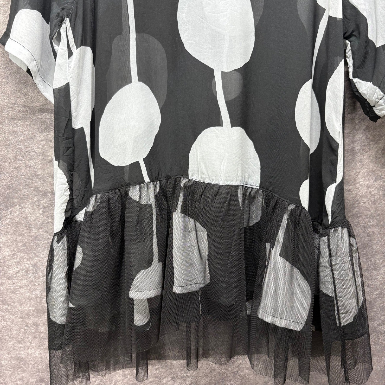 Gershon Bram Black White Polka Dot Mesh Peplum Top Womens S Sheer Artsy Ruffle