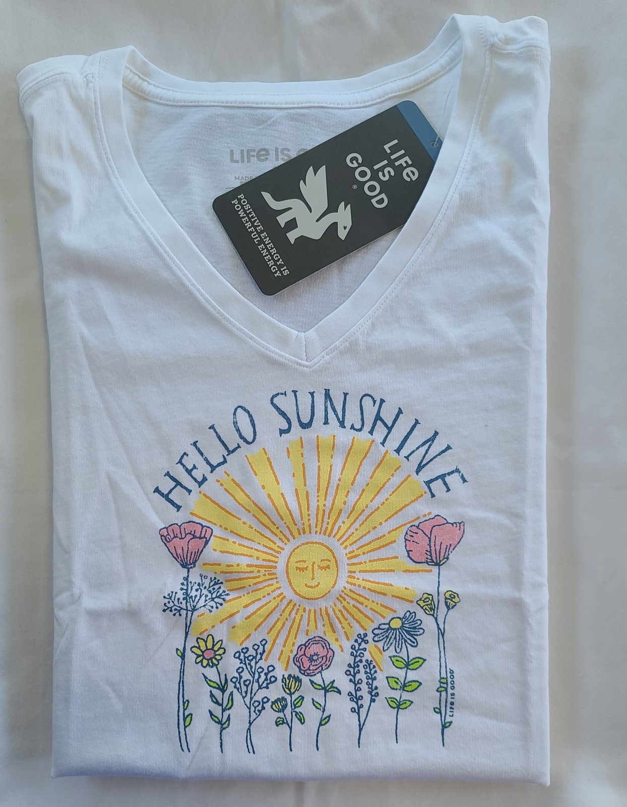 Life Is Good SS Shirt Crusher Vee HELLO SUNSHINE Sun Flower Poppy 44in Womens L