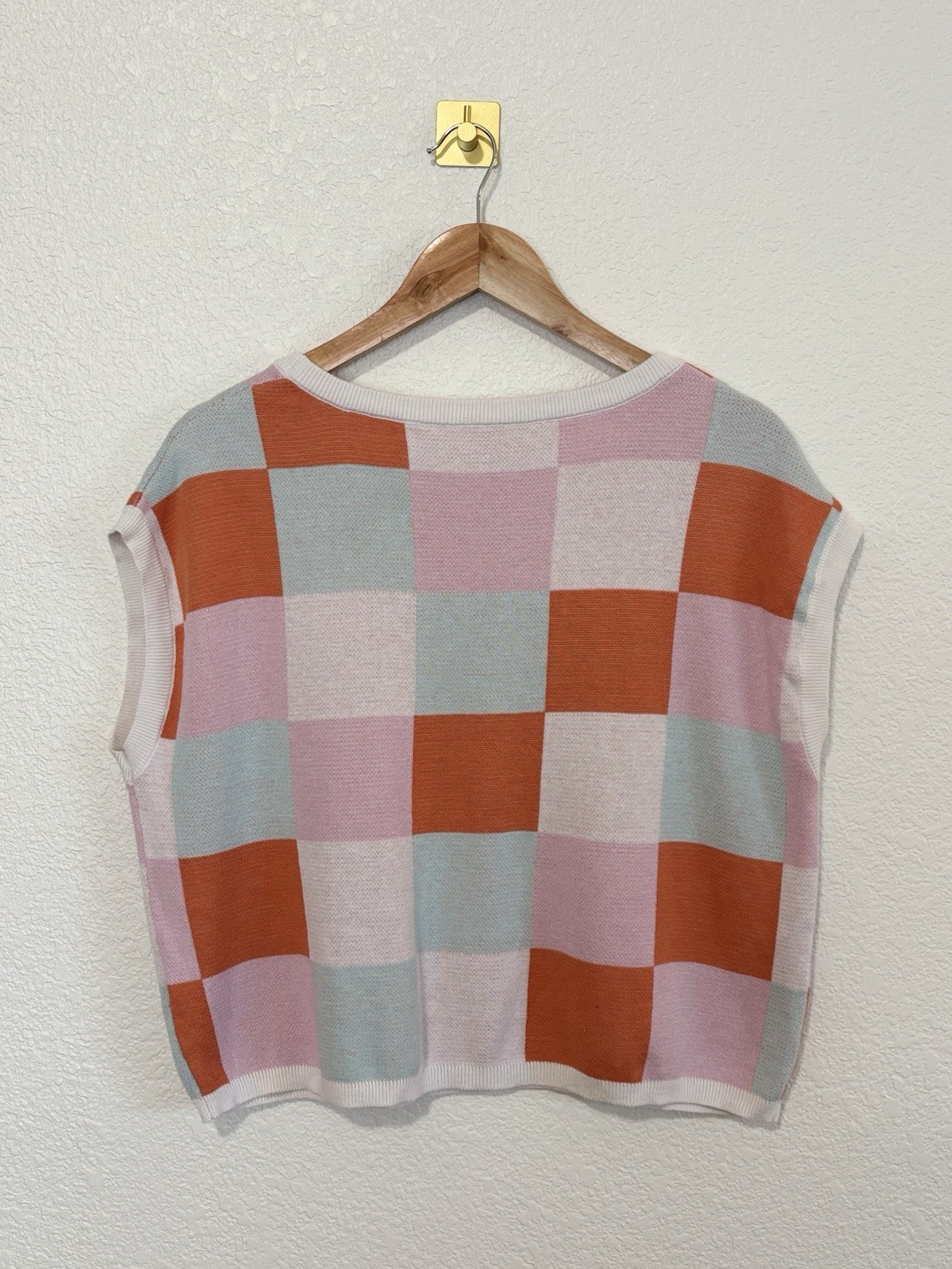 Women’s Pastel Checkerboard Knit Sweater Vest Large Pink Orange Blue Sleeveless