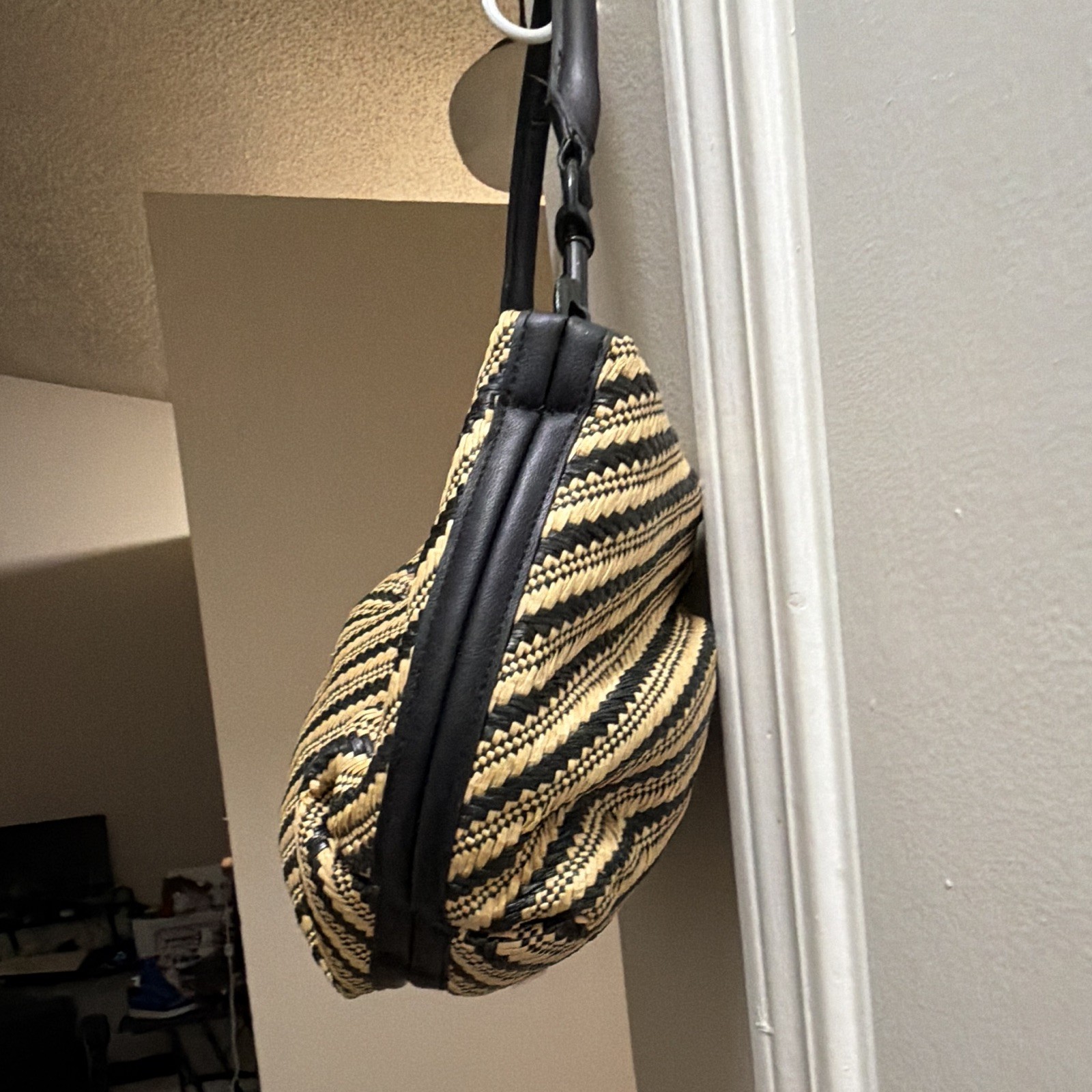Think Royln Black Beige Striped Shoulder Bag Zip Closure Braided Lined