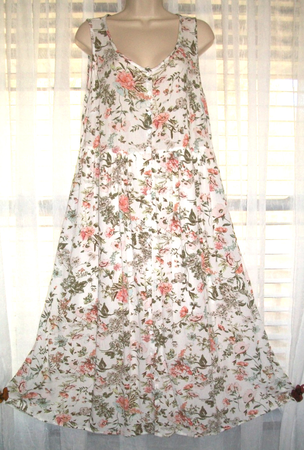 FRYE SZ M LOVELY FLOWER GARDEN CRINKLE GAUZE BUTTON FRONT SUNDRESS DRESS~POCKETS