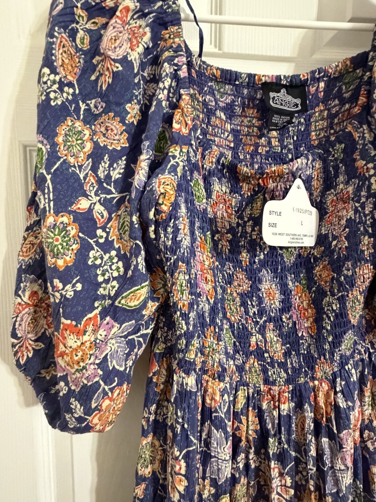 NWT Angie Floral Large Flutter Sleeve Dress Smocked Blue Multicolor