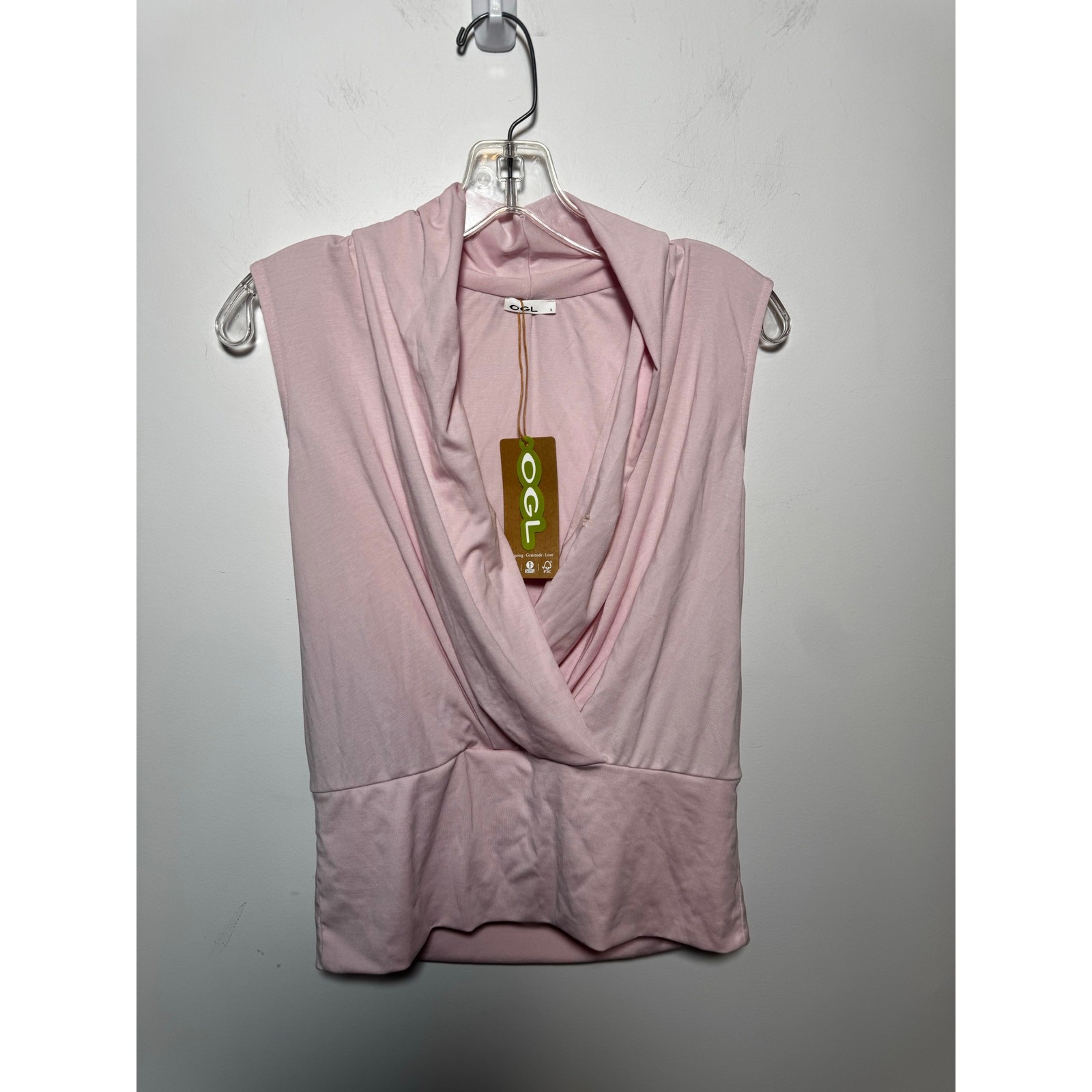 OGL Pink Faux Wrap Top Short Sleeve V-Neck Modal Jersey Comfort Blouse Women’s S