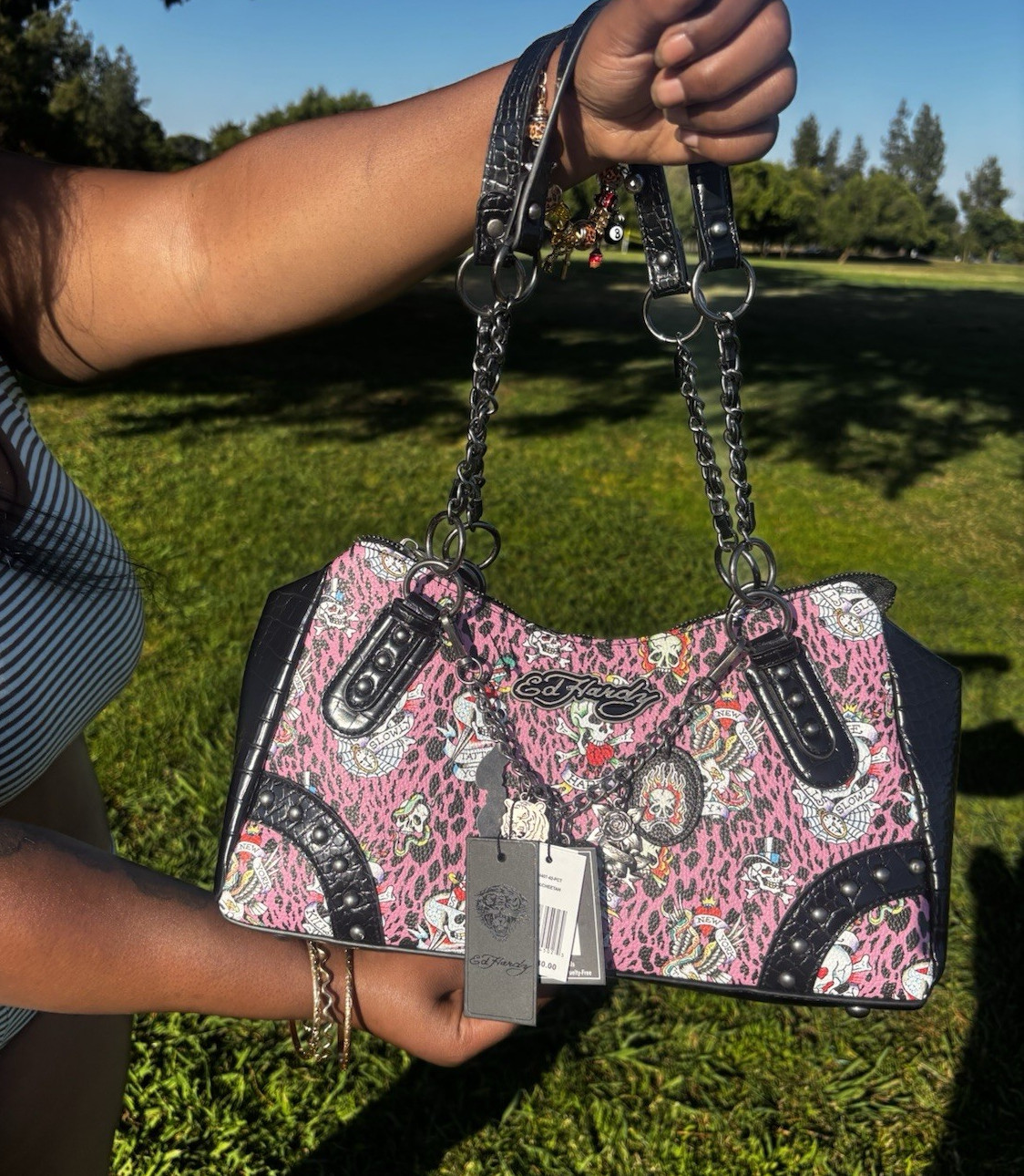 Ed Hardy Pink Black Tattoo Skull Animal Print Studded Chain Strap Zip Bag Charm