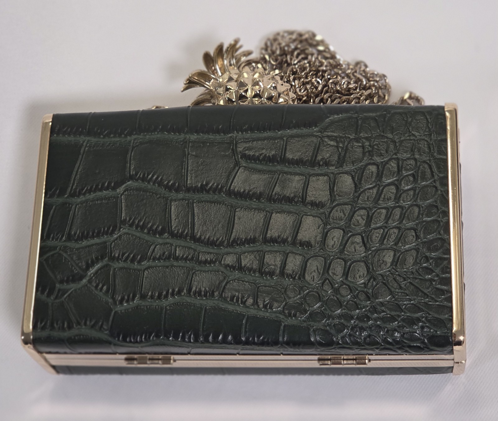 Zara Trafaluc Green Croc-Effect Box Clutch Gold Pineapple Clasp Chain