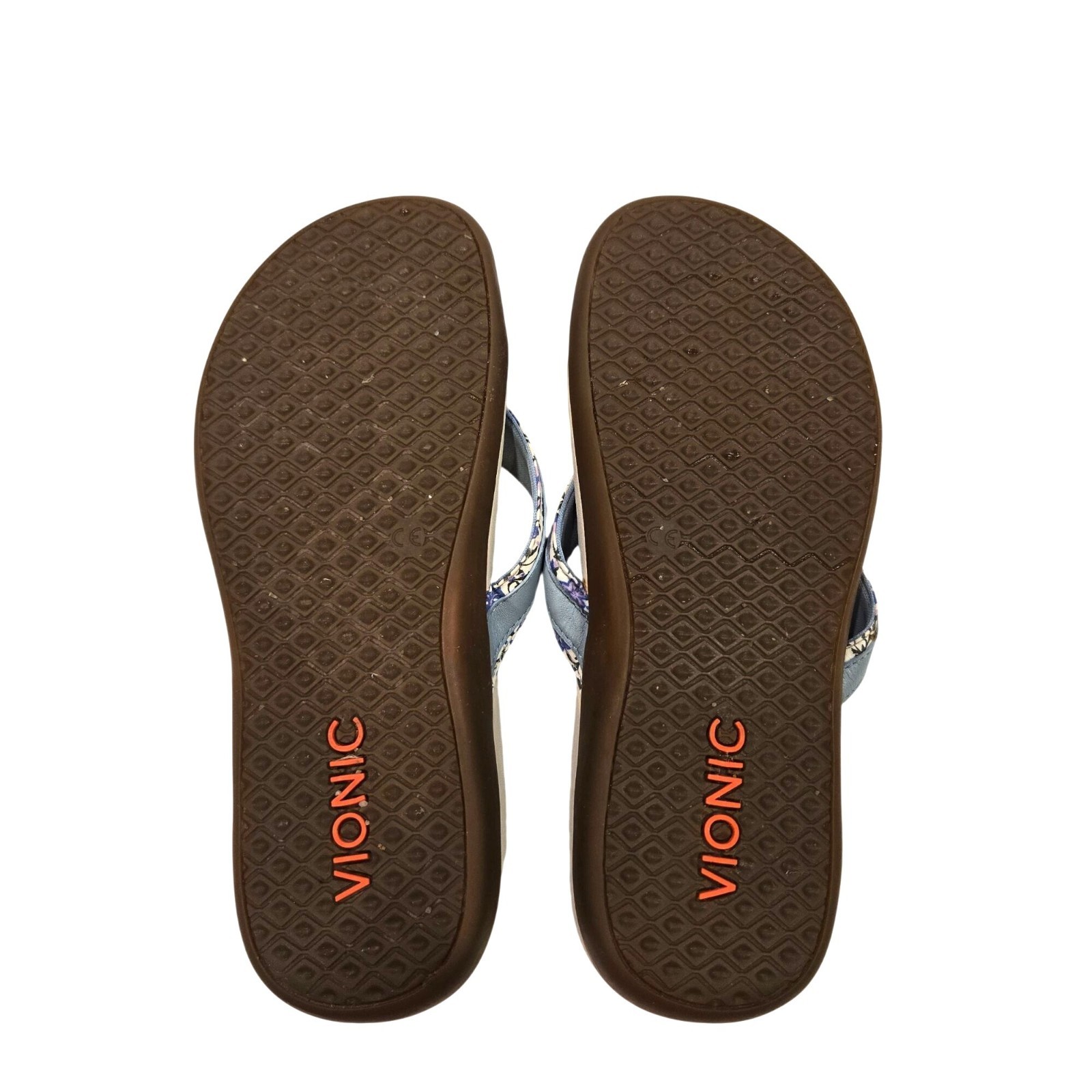 Vionic Tide Toe Blue Floral Leather Orthotic Comfort Flip Flops Thongs Sandals 8