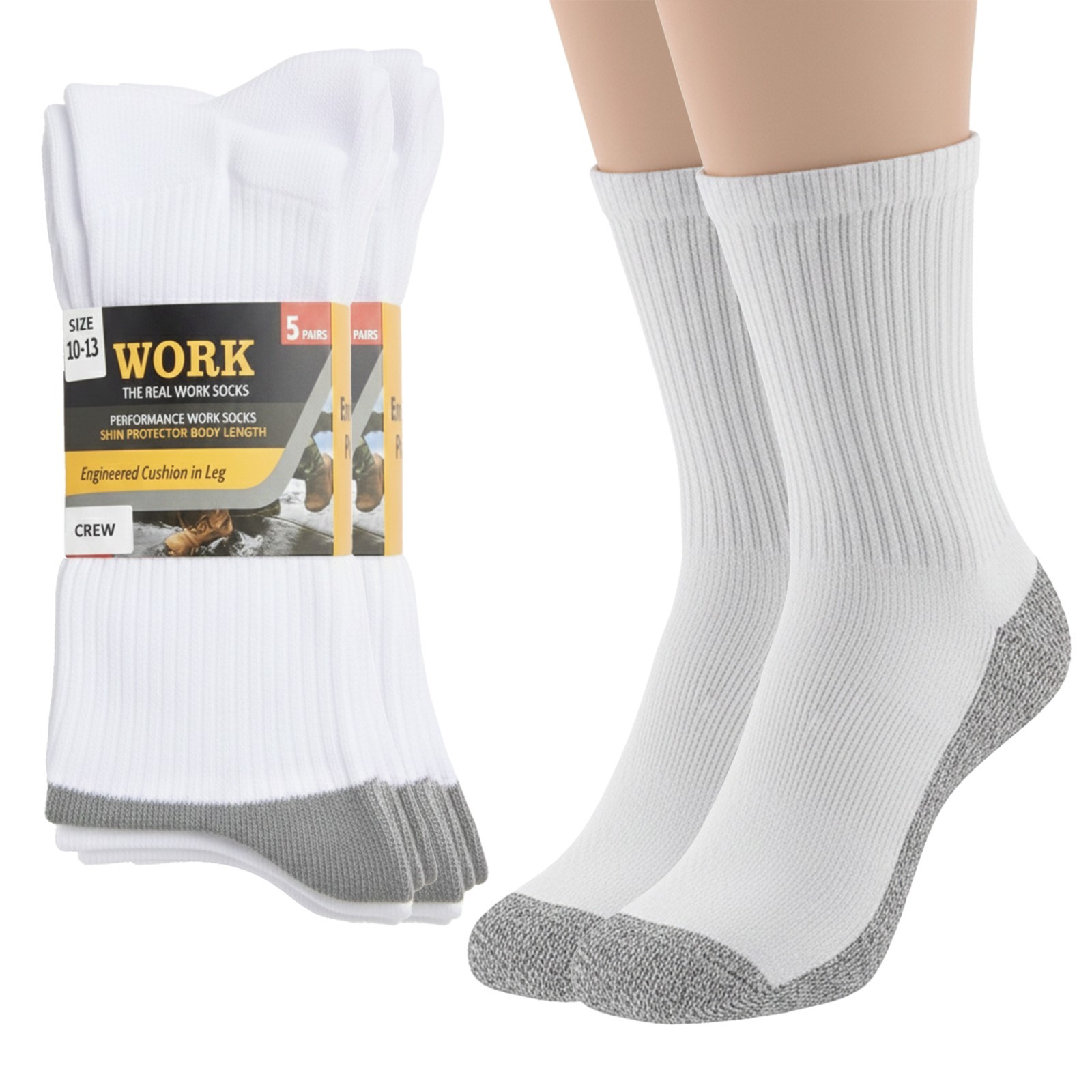 5 Pairs Mens Heavy Duty Crew Work Socks Moisture-Wicking Reinforced Size 10-13