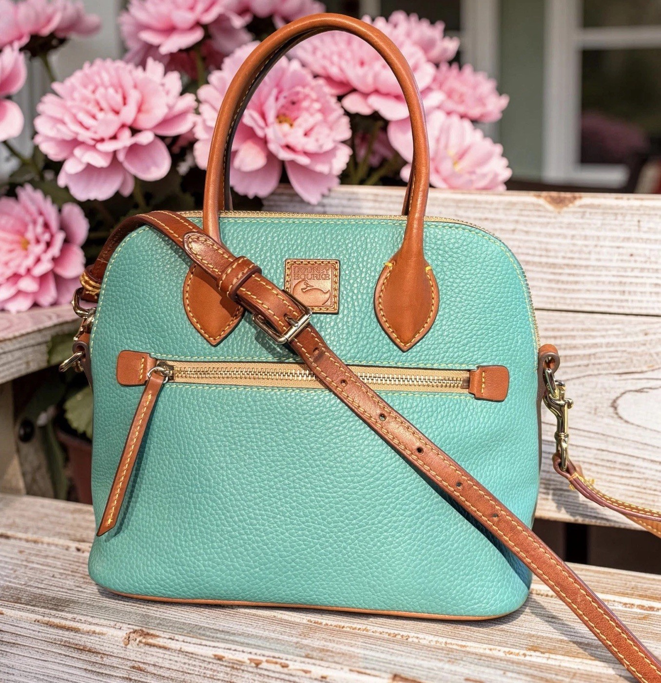 Dooney Bourke Spearmint Turquoise Green Domed Satchel Bag Pebbled Leather Purse