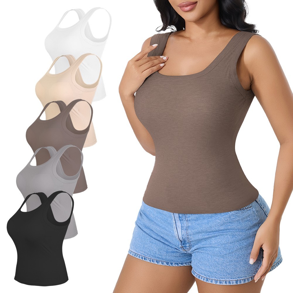 5 Pack Ribbed Square Neck Tank Top Built In Bra Tummy Control Slim Camisole