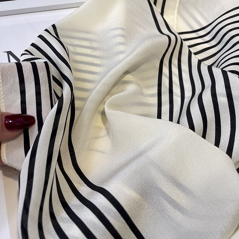 100% Silk Twill Scarf Women 12 Momme Kerchief Long Bandana Double Side Striped