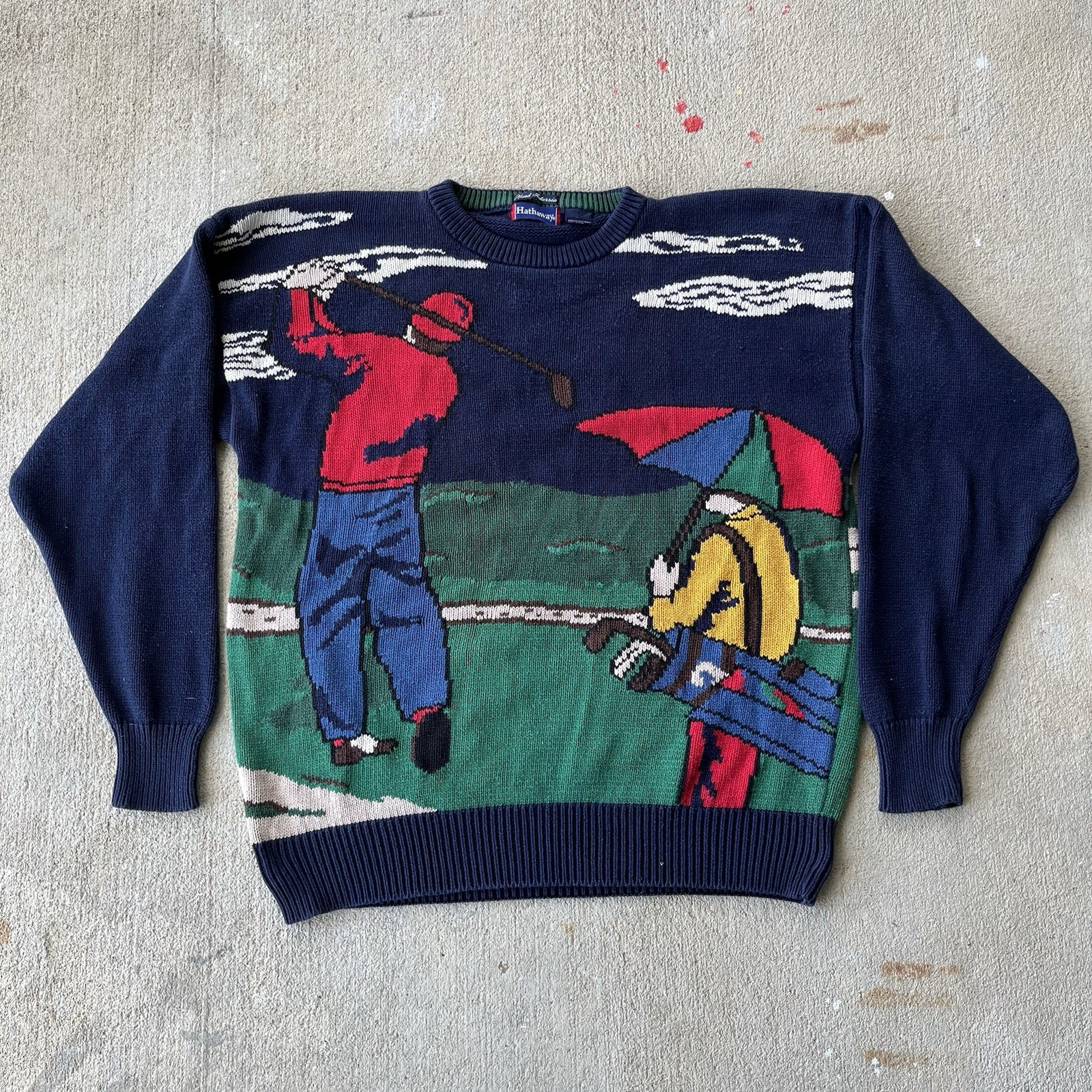 Vintage Hathaway Hand Intarsia Knit Golf Sweater Mens Size Large