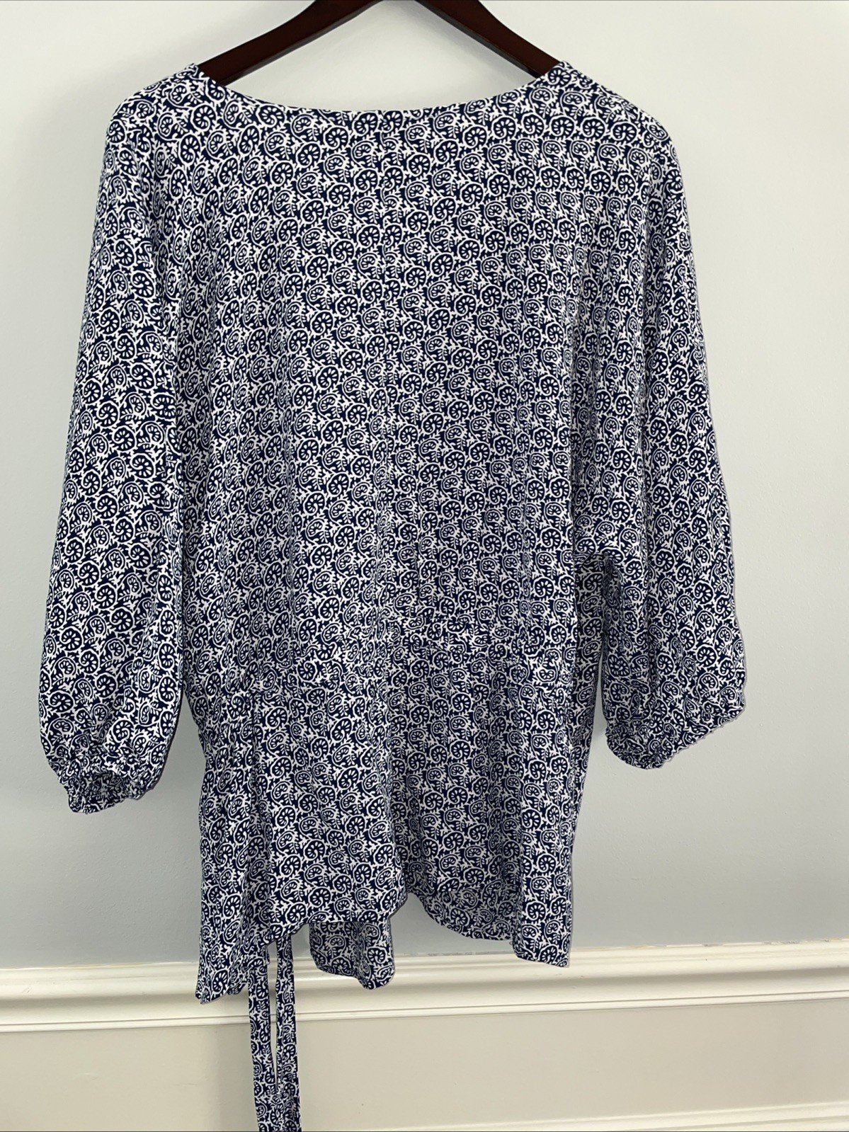 Talbots Faux Wrap Top Spot Print Long Sleeve Blouse Blue White Plus 2x