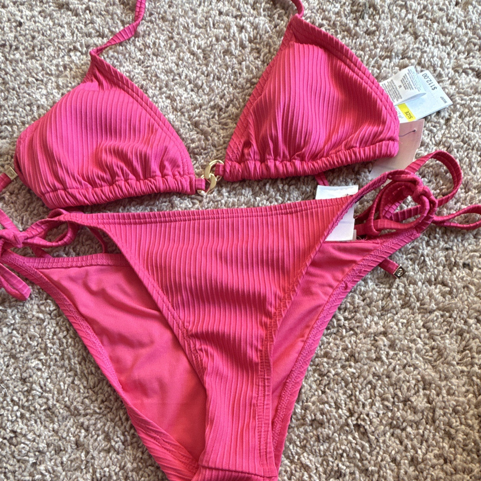 Women’s Pink Ribbed Triangle Halter Bikini 2-Piece Tie-Side Bottoms Size S