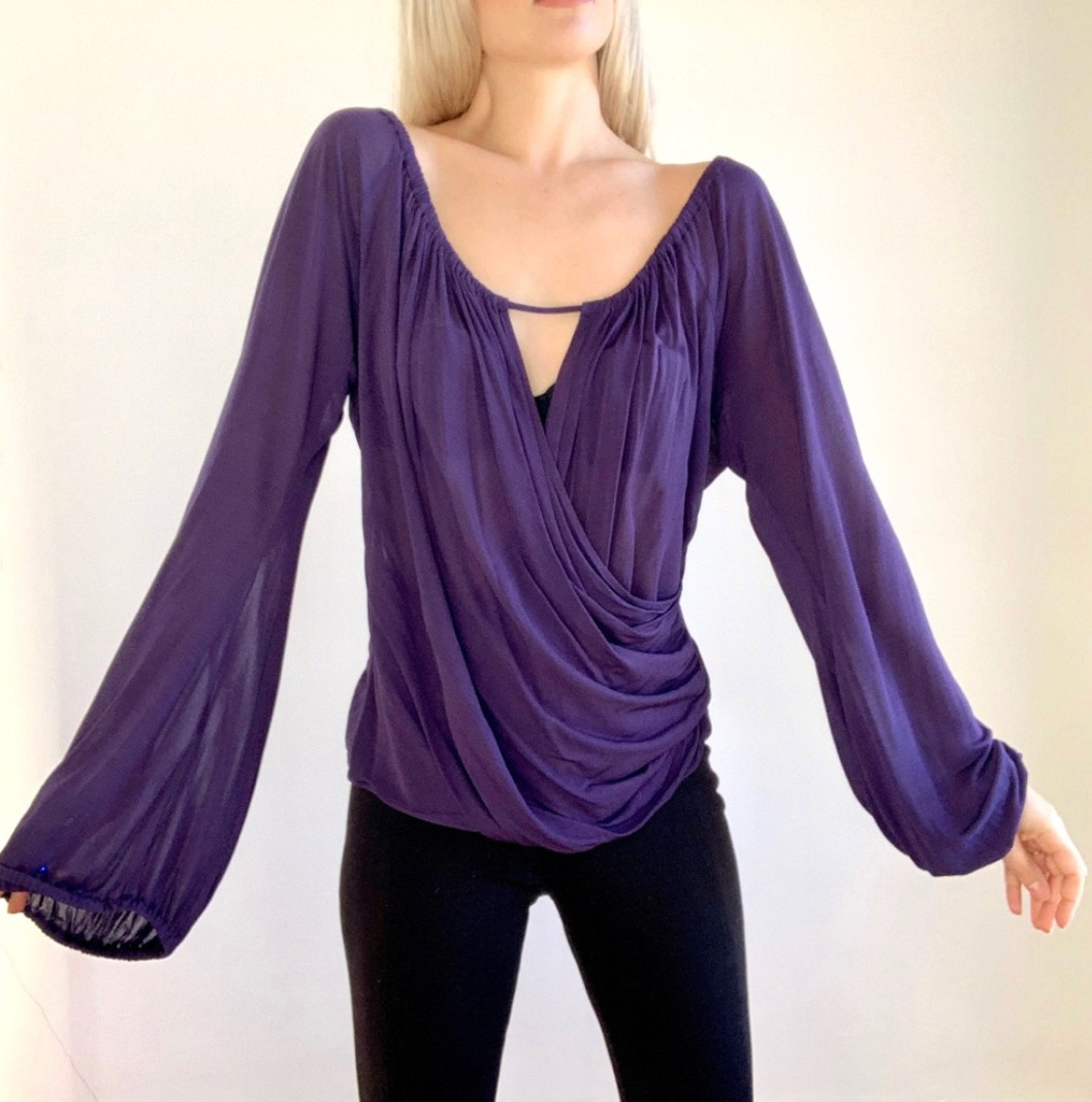 Escada Silk Long Sleeve Wrap Blouse Blue Purple Size 36 Blouson Sleeve FLAW