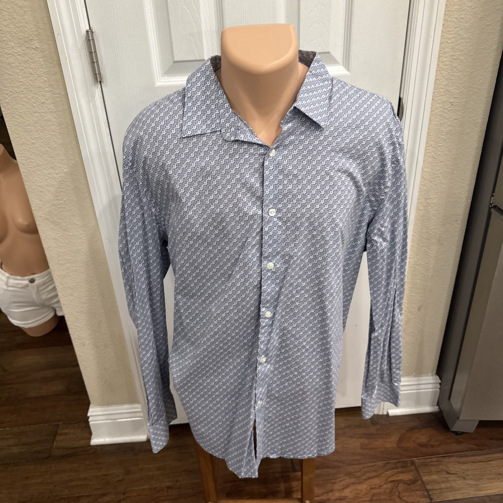 Perry Ellis Men’s 2XL Blue Geometric Stretch Long Sleeve Collared Dress Shirt