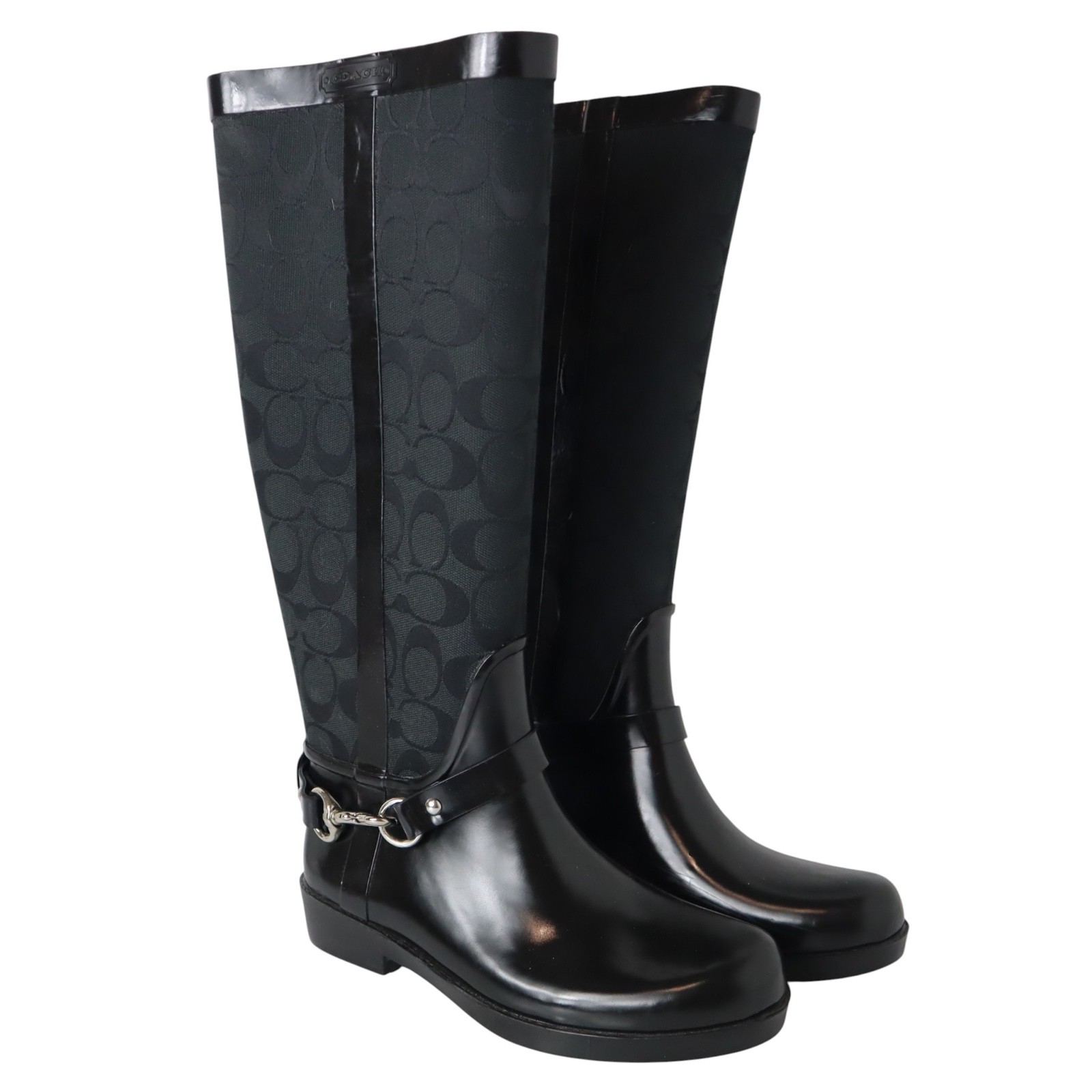 Coach Signature Lori Rain Boots Black C Logo Equestrian Buckle Women’s 6 B