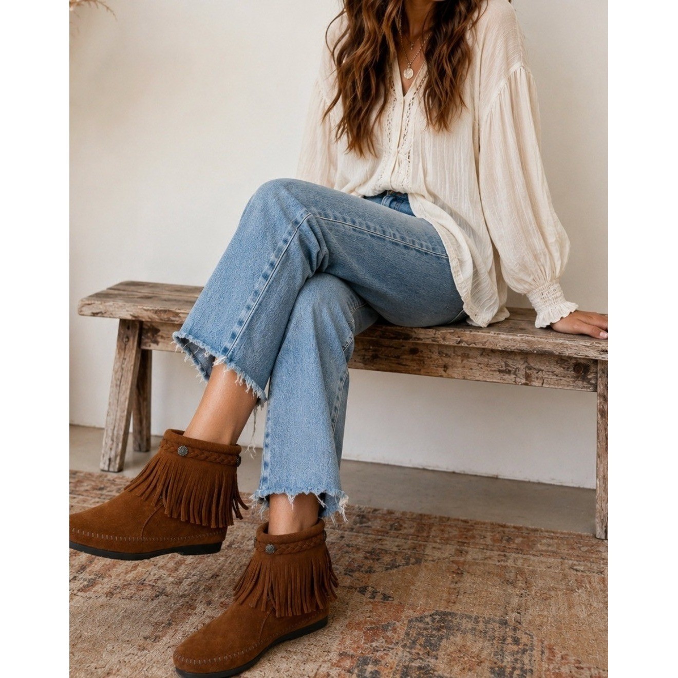 Minnetonka Fringe Suede Ankle Boots Brown Western Boho Festival Coastal Cowgirl9