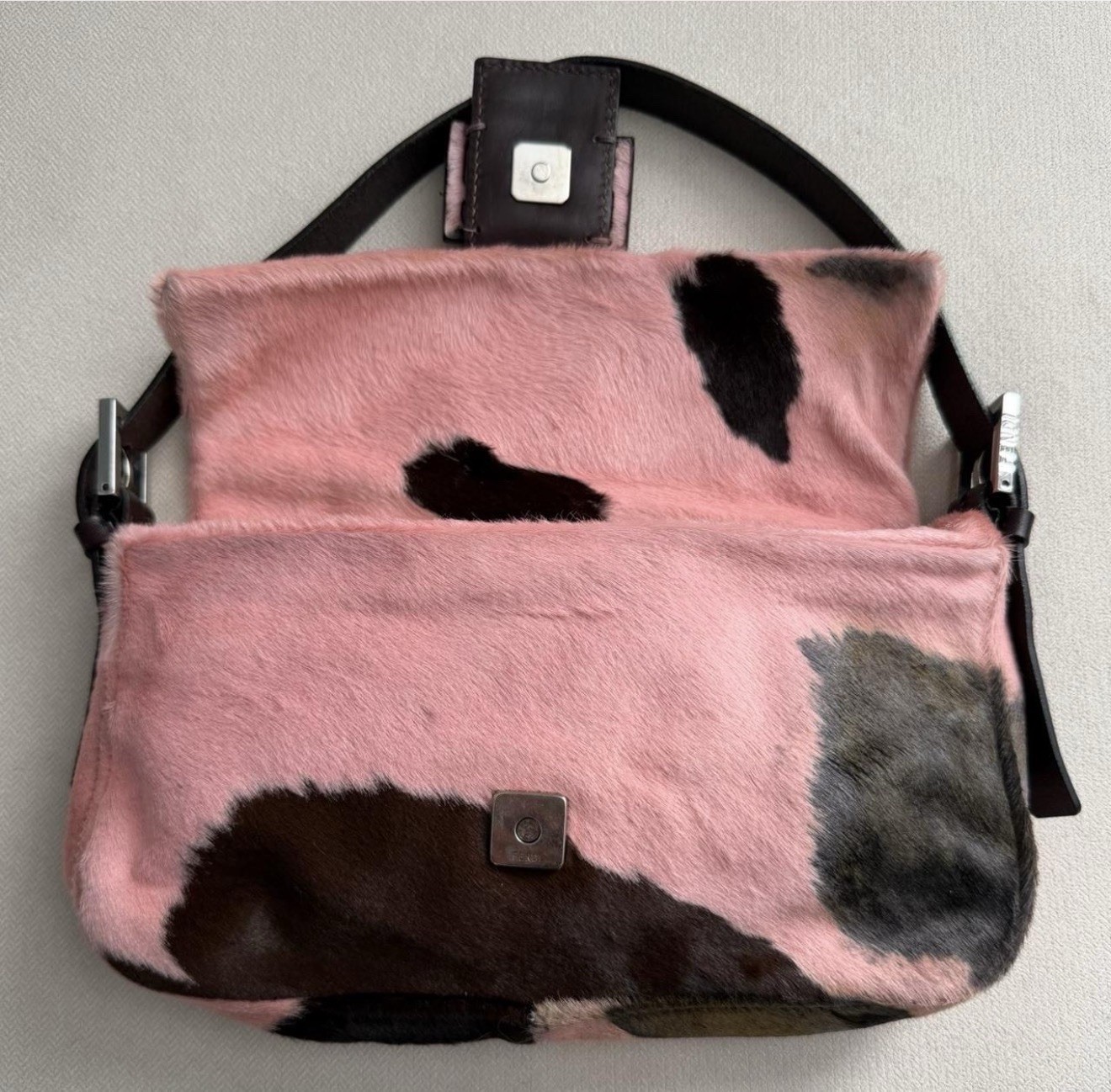 Fendi Pony Hair Print Shoulder Bag FF Buckle, Magnetic Closure Pink/Brown