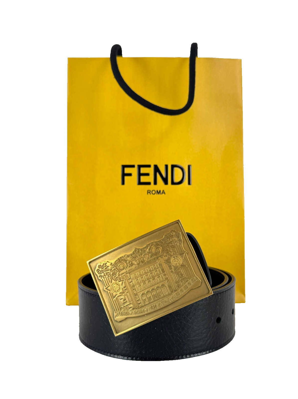 Fendi New Auth Women Black Leather Gold Tone Belt 75 cm 30 in Palazzo Buckle Bag