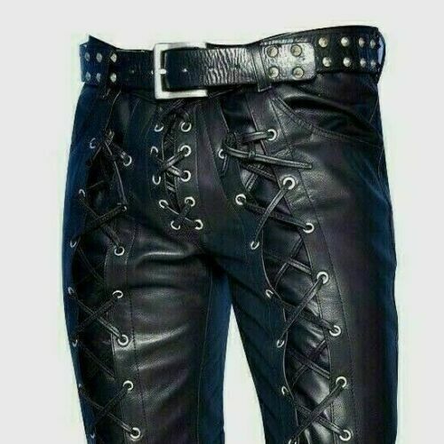 Men’s Real Cowhide Waxed Black Leather Pants Side Lacing Jean Trouser Cuir