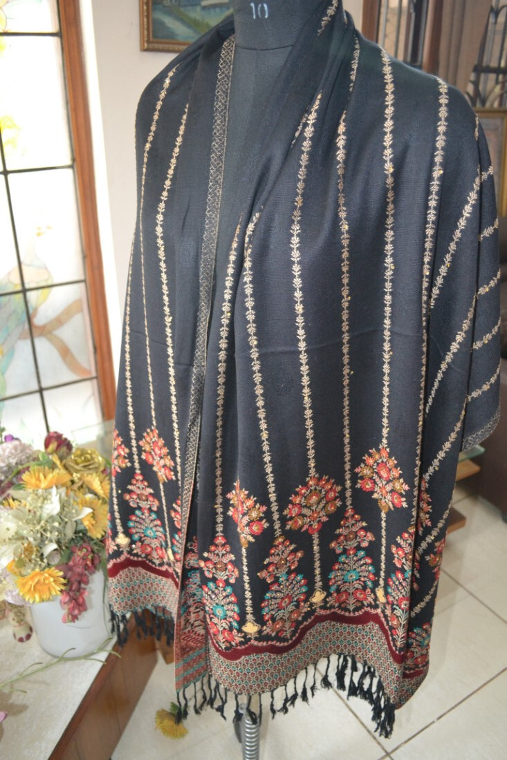 PARTY STOLE SEQUINED EMBROIDERED BEADED JAMAVAR SHAWL~ SILK PASHMINA~16 DESIGN
