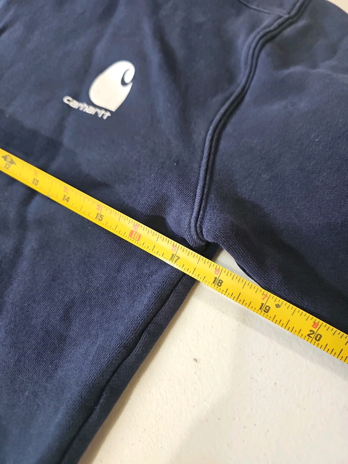 Carhartt Navy Hooded Pullover Sweatshirt Logo Sleeve Hoodie 21×22 EUC