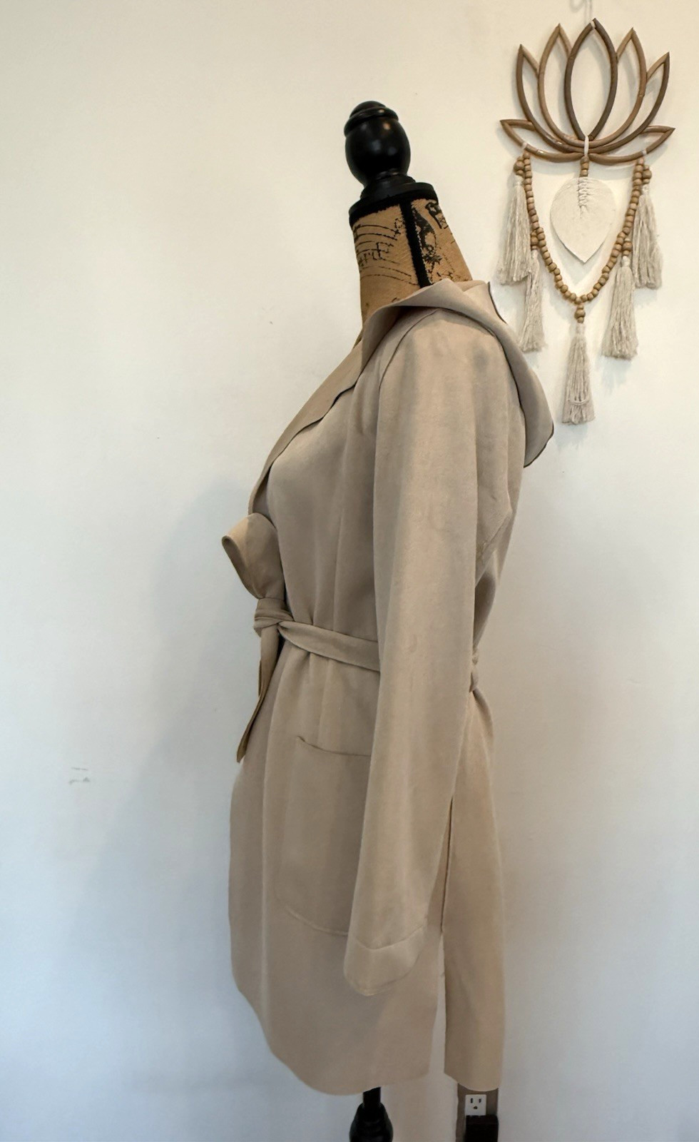 Oatmeal Ecru Belted Open Front Hooded Mid Length Faux Suede Jacket w/ Pockets Sm