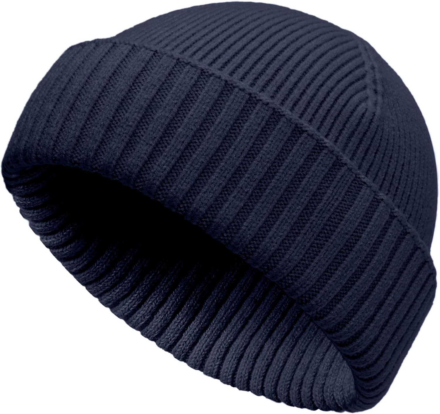 Wool Double Cuff Beanie for Men Women Warm Winter Fisherman Knit Cap
