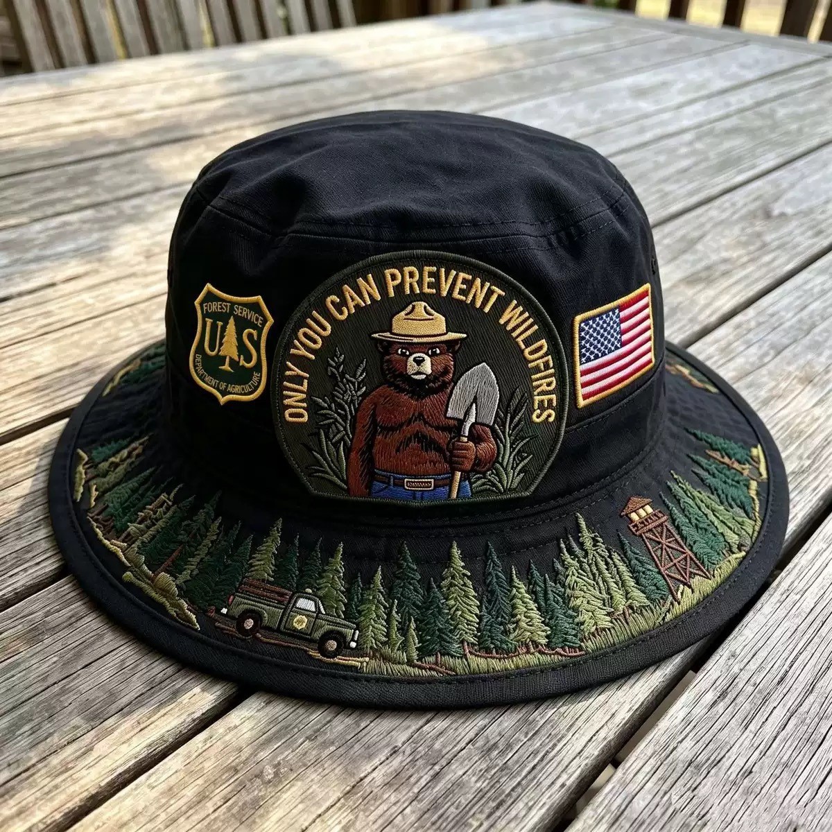 Smokey Bear US Forest Service Boonie Hat Embroidered Outdoor Bucket Sun Hat Gift