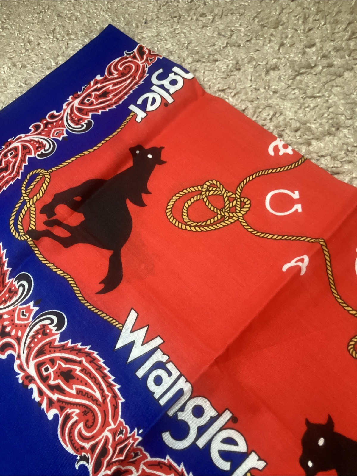 Vintage Wrangler Cowgirl Rodeo Queen Handkerchief Bandana 22″ x 21″ Red Blue