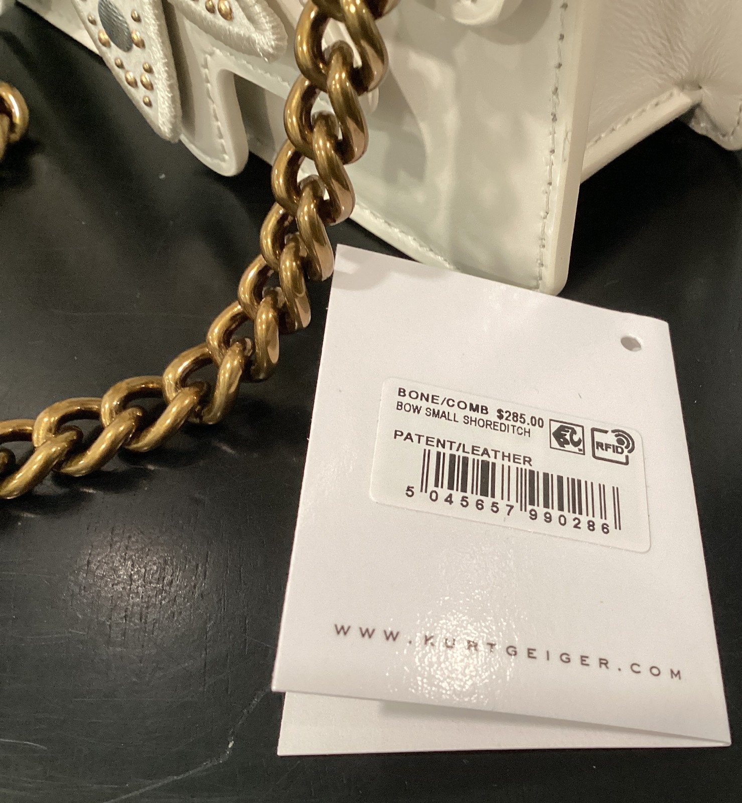 Kurt Geiger Small Shoreditch Bow Bone Leather Gems Studs 7.75″x5″x2.25″ Boxed