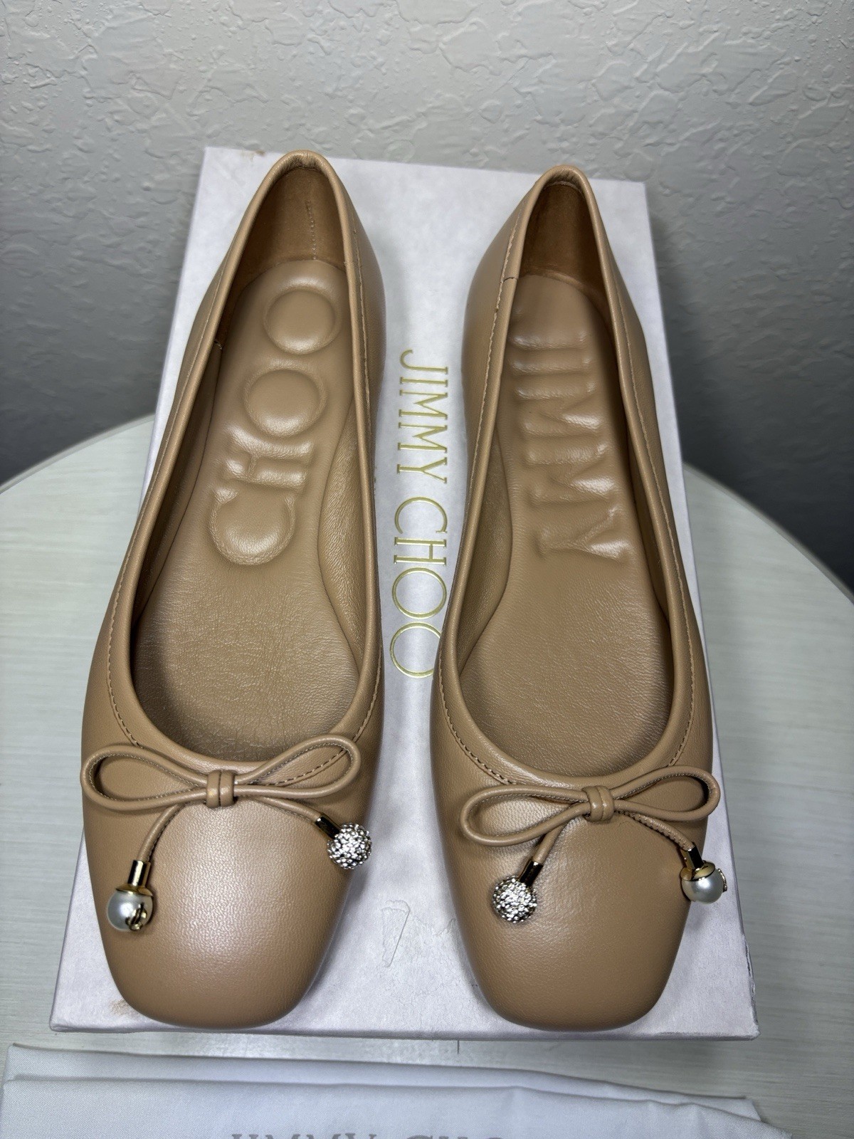 Jimmy Choo “Elme” Biscuit Nappa Leather Pearl Crystal Bow Ballet Flats 36 NIB