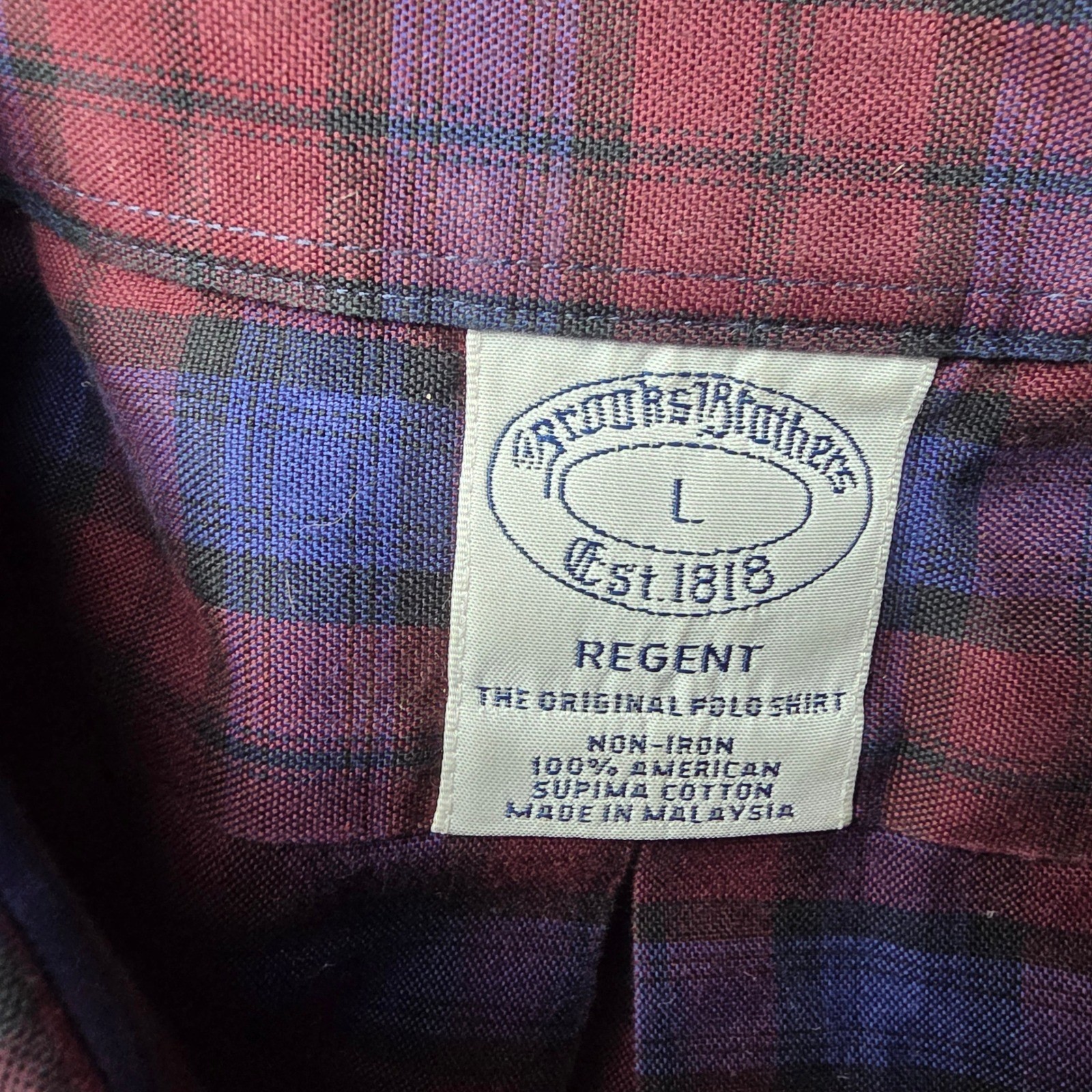 Brooks Brothers Regent Shirt size L Burgundy Blue Plaid Supima Cotton Non-Iron