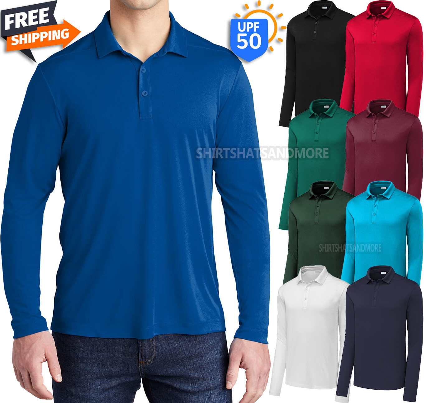 Mens Long Sleeve UPF 50 Sun Protection Moisture Wicking Polo XS-4XL NEW!