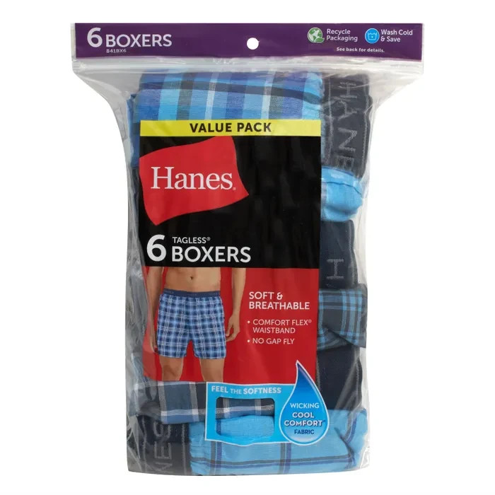 Hanes Men’s Plaid Boxer Underwear Medium 6 Pack Moisture Wicking 841BX6