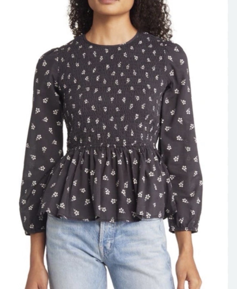 Marine Layer Black Floral Woven Smocked Keyhole Peplum Puff Blouse L