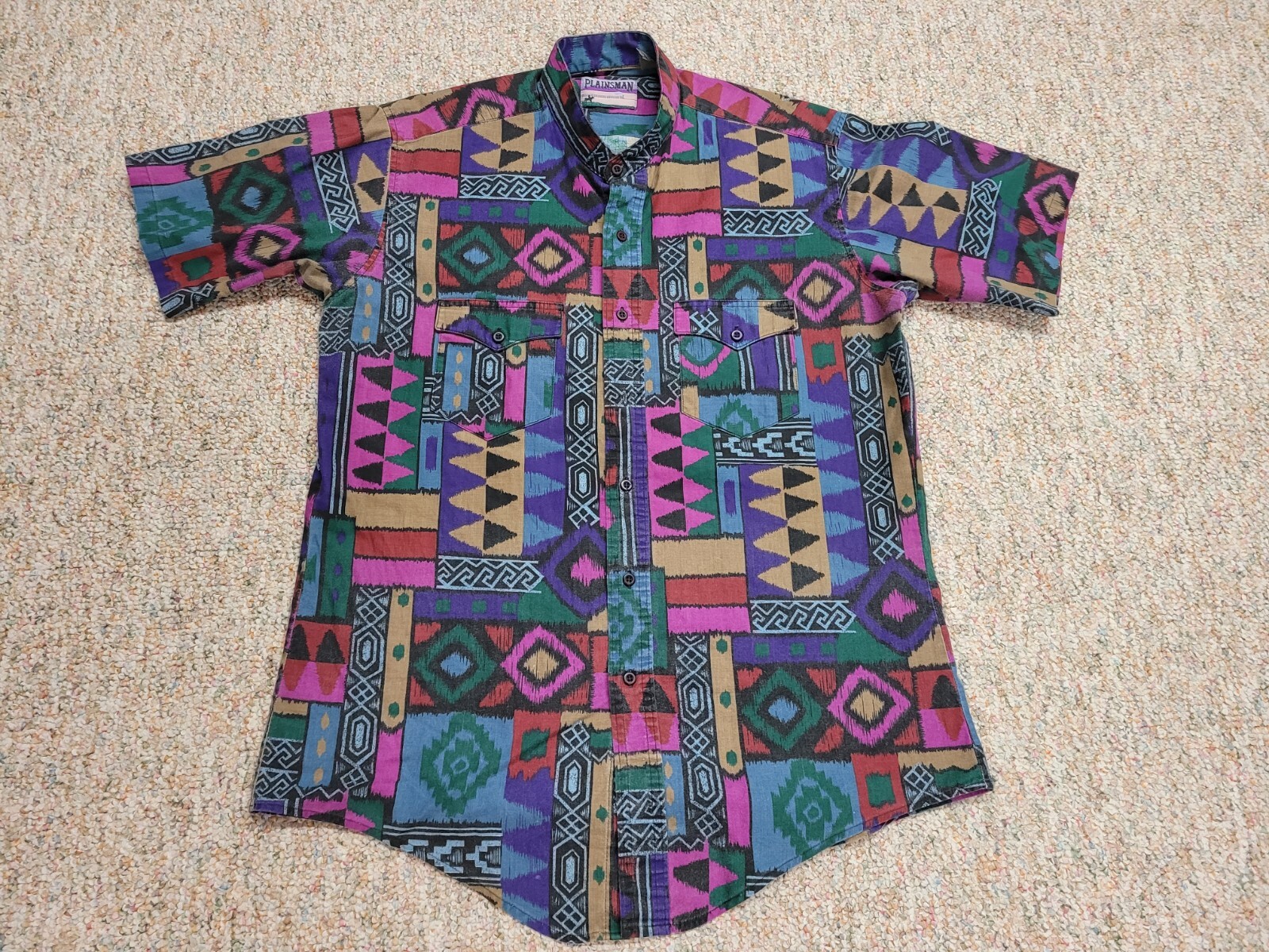Plainsman Shirt Mens Large Aztec Western Tribal Short Sleeve Button Up