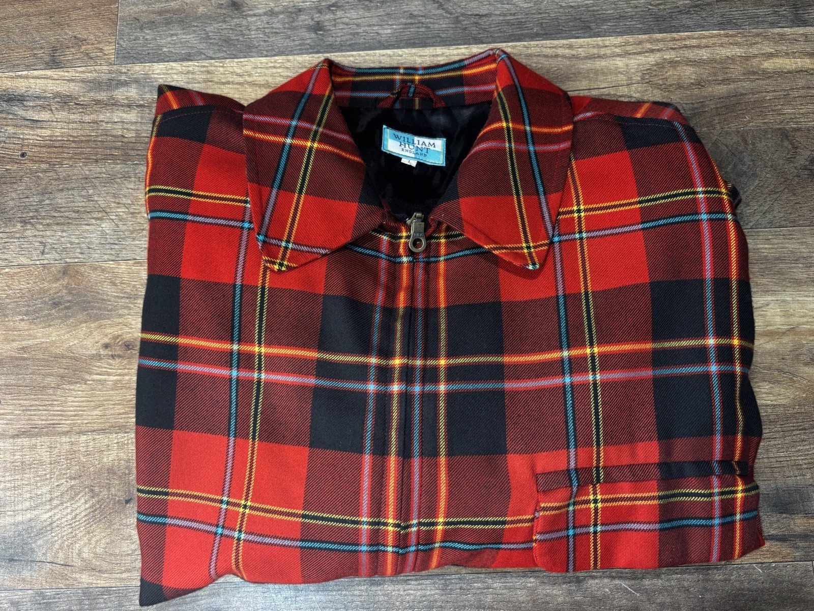 William Hunt Tartan Leather Button Coat Made In England Large
